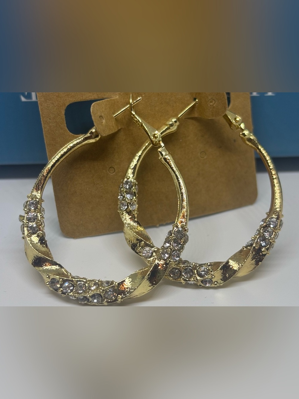 Gold Tone Drop Earrings with Textured Metal and Faux Diamonds Hoop Earrings